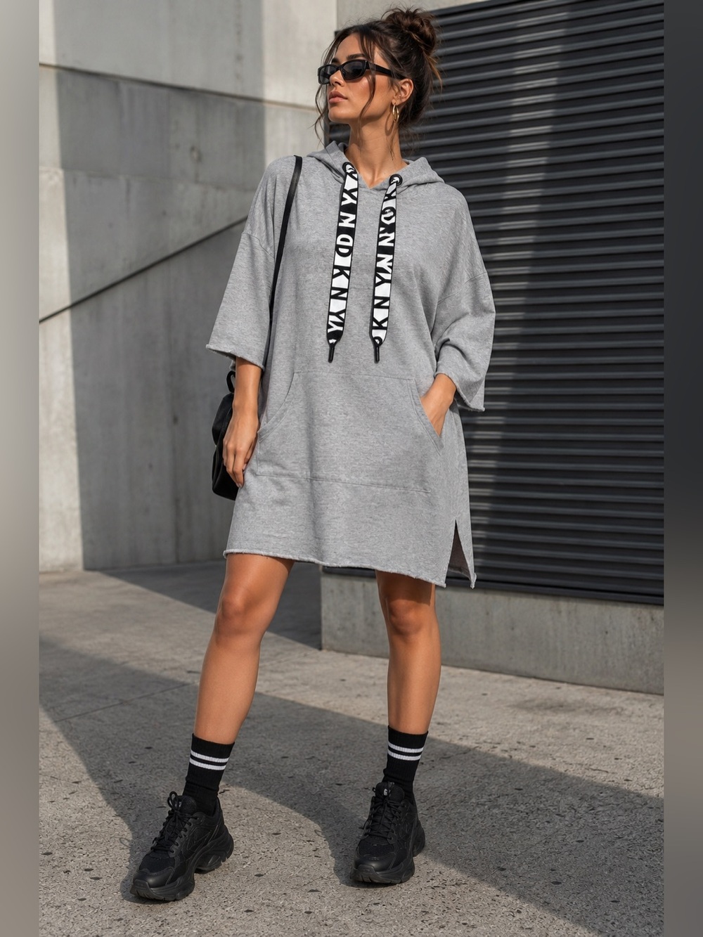 DKNY Sport XL Gray Oversized Hoodie Sweatshirt Dress Tunic Logo Streetwear